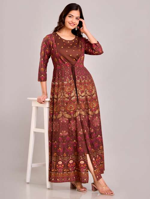 women printed three quarter sleeve ethnic dress - 22079882 - Very Small Image - 1