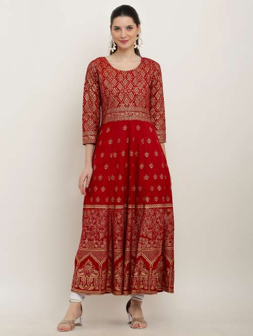 women foil printed three quarter sleeve anarkali kurta - 22082438 - Very Small Image - 1