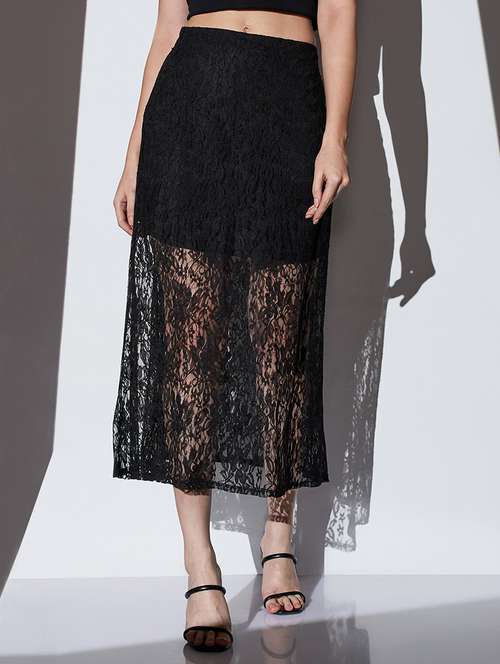 globus women black mid-rise self design semi sheer lace midi a-line party skirt - 22085173 - Very Small Image - 1