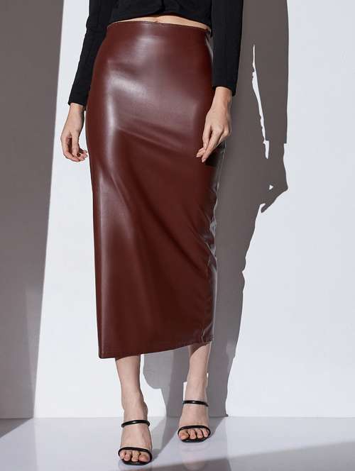 globus women chocolate brown mid-rise solid stretchable back slit midi party pencil skirt - 22085186 - Very Small Image - 1