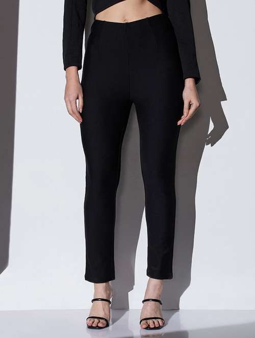 globus women black mid-rise solid stretchable skinny fit formal trousers - 22085190 - Very Small Image - 1