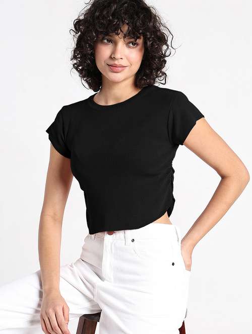 women black solid short sleeve crop top - 22086374 - Very Small Image - 1