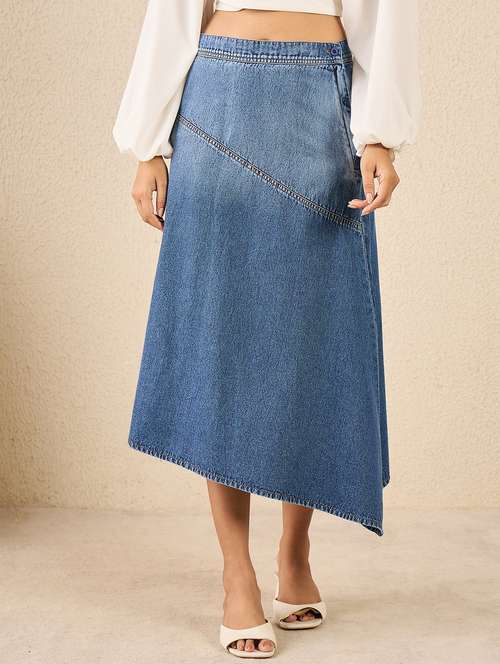women solid high rise asymmetric denim skirt - 22088231 - Very Small Image - 1