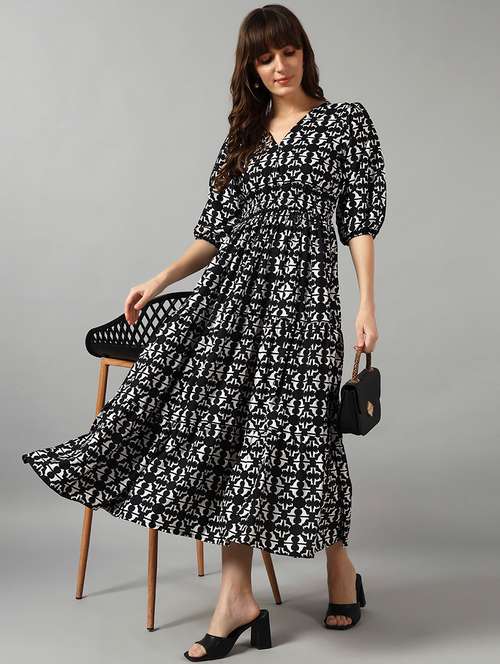 women printed puff sleeve maxi tiered dress - 22089237 - Very Small Image - 1
