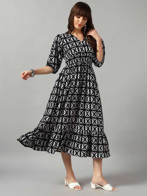 women printed puff sleeve tiered dress - 22090771 - Very Small Image - 1