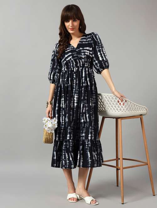 women tie & dye printed puff sleeve tiered dress - 22090782 - Very Small Image - 1