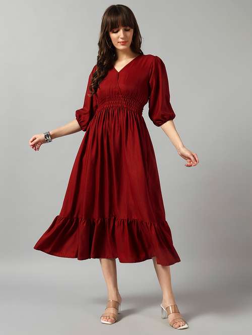 women solid puff sleeve tiered dress - 22090810 - Very Small Image - 1