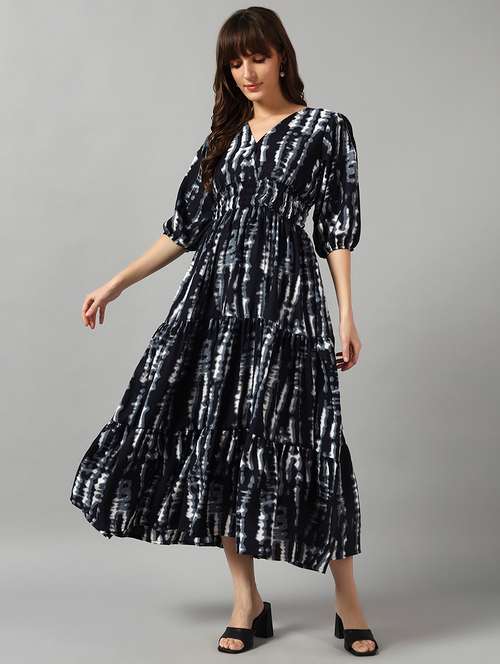 women tie & dye printed puff sleeve tiered dress - 22091551 - Very Small Image - 1