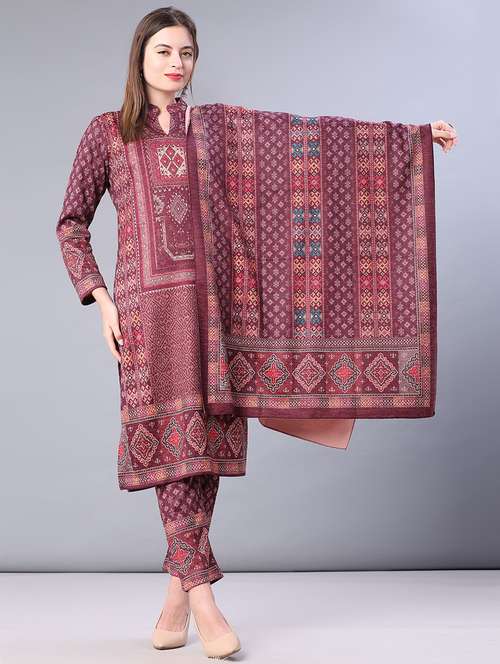 women printed long sleeve kurta pant with dupatta set - 22101044 - Very Small Image - 1