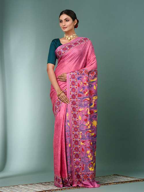 women printed handloom kantha stitch saree with blouse - 22140321 - Very Small Image - 1
