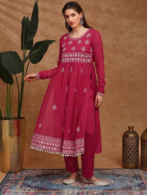 globus women magenta floral embroidered pleated high-slit pom pom hem a-line kurta & pants festive set - 22147795 - Very Small Image - 1