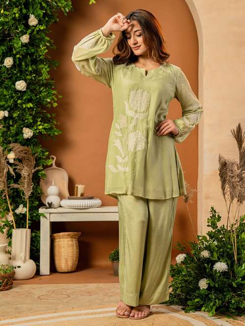 women solid with work long sleeve ethnic co-ord set - 22178448 - Very Small Image - 1