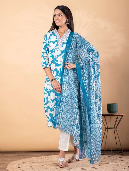 women floral printed three quarter sleeve kurta pant with dupatta set - 22187418 - Very Small Image - 1