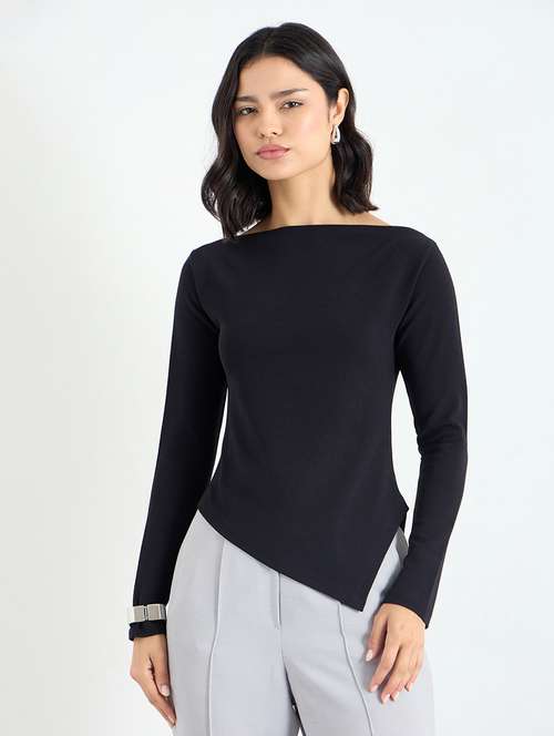 women solid long sleeve asymmteric top - 22219950 - Very Small Image - 1