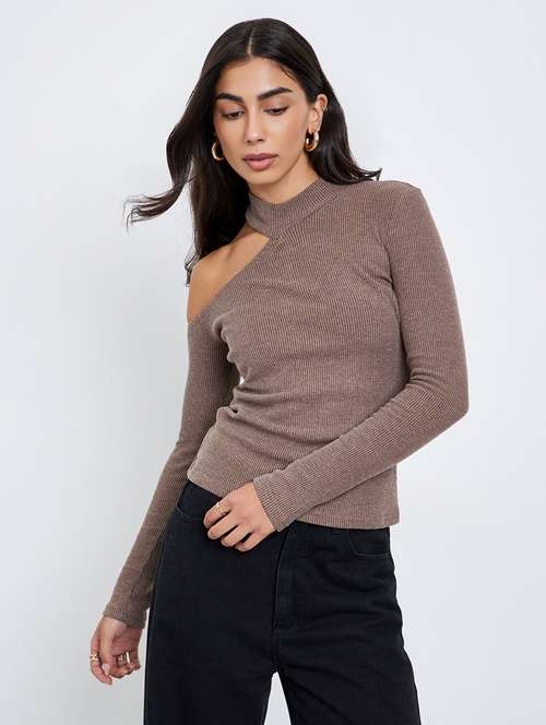 women solid long sleeve cut out straight top - 22219952 - Very Small Image - 1