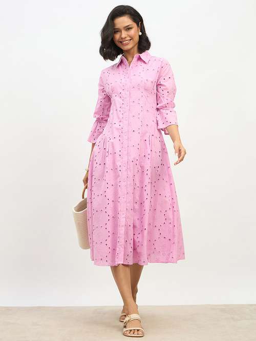 women solid collared schiffli shirt dress - 22220030 - Very Small Image - 1