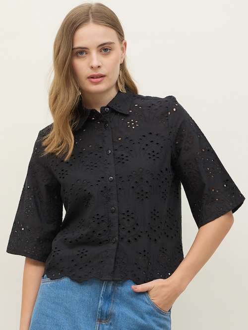 women self designed collared crop schiffli shirt - 22220050 - Very Small Image - 1