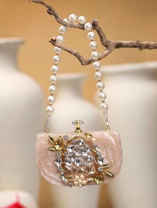 Embellished Beige Synthetic Clutch With Strap - 22220165 - Very Small Image - 1