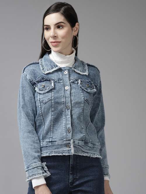 women solid with work long sleeve denim jacket - 22224907 - Very Small Image - 1
