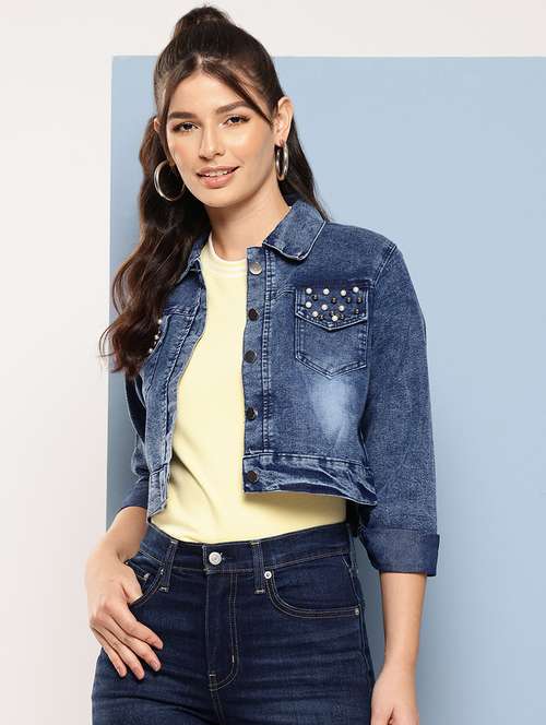 women solid with work long sleeve denim jacket - 22224928 - Very Small Image - 1