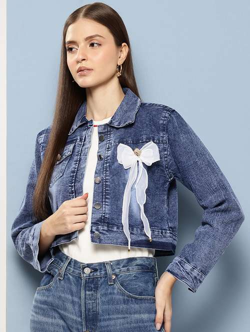 women solid long sleeve embellished bow denim jacket - 22224938 - Very Small Image - 1