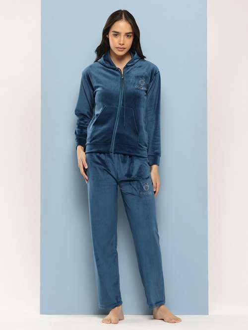 women solid long sleeve hooded velvet co-ord set - 22224954 - Very Small Image - 1