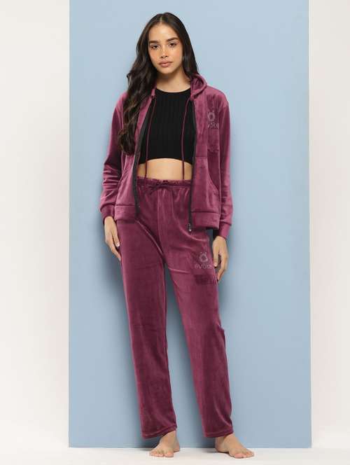 women solid long sleeve hooded velvet co-ord set - 22224958 - Very Small Image - 1