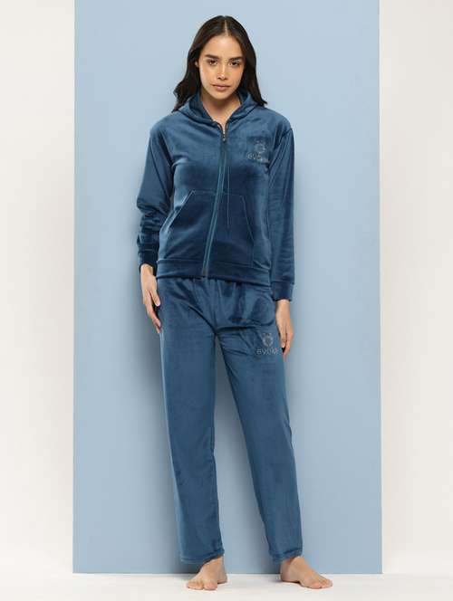 women solid long sleeve hooded velvet co-ord set - 22225143 - Very Small Image - 1