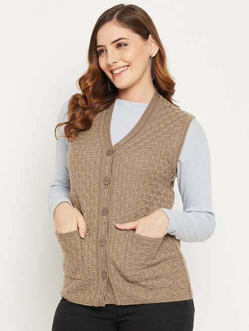 women self designed sleeveless cardigan - 22229366 - Very Small Image - 1