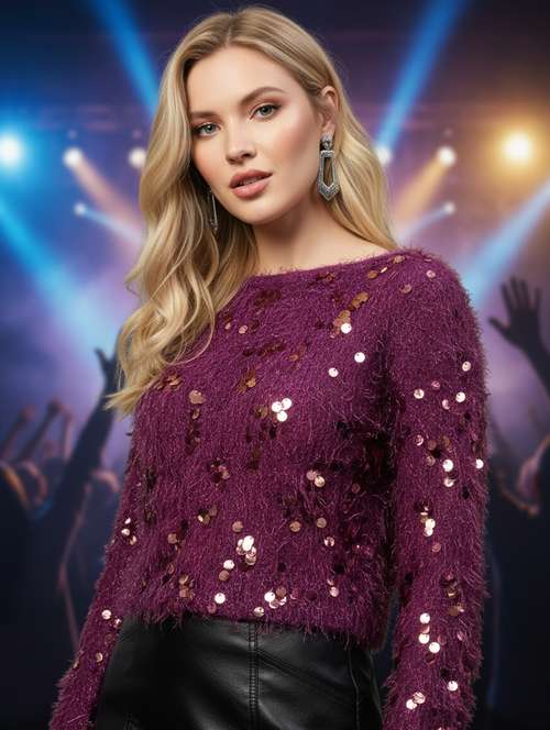 women sequined long sleeve straight top - 22231111 - Very Small Image - 1