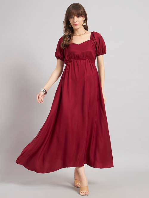 women solid puff sleeves a-line dress - 22309376 - Very Small Image - 1