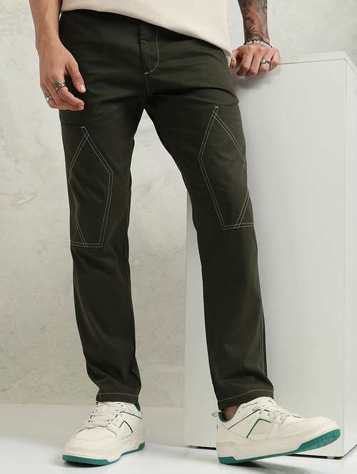 men olive cotton blend regular fit cargo trousers - 22469601 - Very Small Image - 1